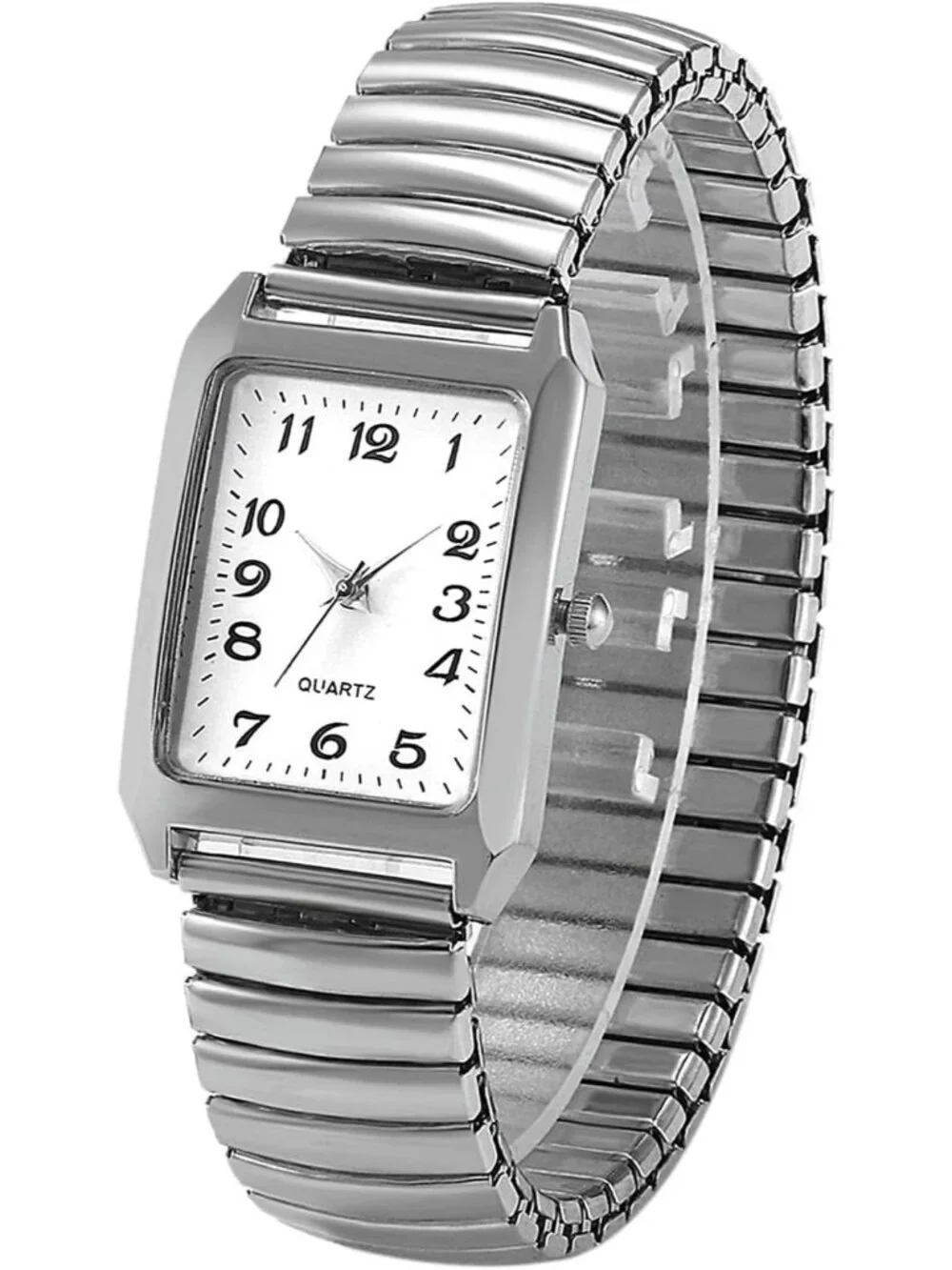 Women's Silver Analog Quartz White Dial Easy Reader Stretch Band Wrist Watch